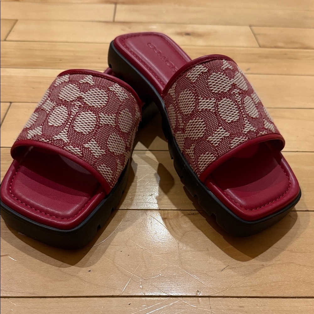 Coach Red and Cream Slide Sandals